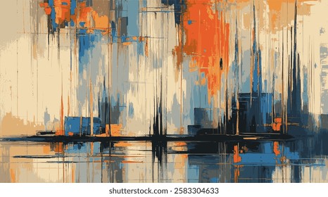 Abstract piece showcases a blend of deep blues, warm oranges, and soft beige tones. Vertical brushstrokes create a cityscape-like effect, evoking energy, movement, and modern sophistication