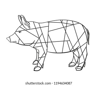Abstract pig on white. Hand drawn animal with patterns on isolated background. Design for spiritual relaxation for adults. Black and white illustration for coloring. Zen art. Zentangle. Greeting cards