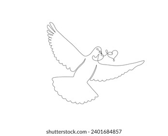 Abstract pigeon with a heart in its mouth, love, continuous one line art hand drawing sketch