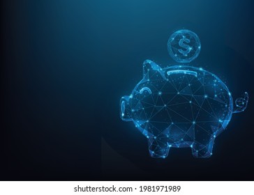 Abstract piggy bank low poly wireframe. save money business concept. copy space for text input. isolated on blue dark background. vector illustration futuristic glowing.