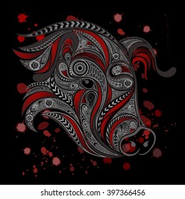 Abstract the pig's head with bloody cuts. Stop killing animals
