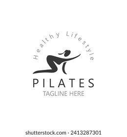 Abstract pilates Logo, Yoga identity body balance vector monoline Design Template. wellness lifestyle