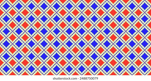 Abstraktes Kissenmuster, modernes Design für Sarongs und Stoffe, Illustration von schönen blauen und roten quadratischen Knochen.