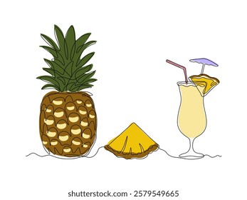 Abstract Pina Colada cocktail and pineapple fruit and slice, ananas,  continuous single one line art hand drawing sketch logo