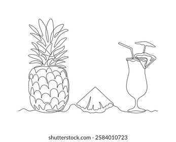 Abstract Pina Colada cocktail and pineapple fruit and slice, ananas,  continuous single one line art hand drawing sketch logo