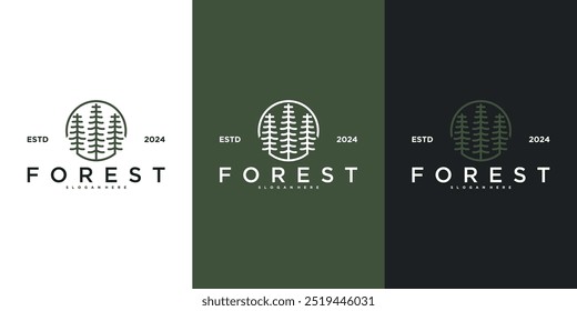 Projeto do logotipo da arte da linha da floresta de pinheiros abstrata. Vetor Premium