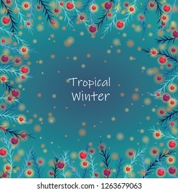 Abstract pine leaves and Christmas ball light frame on ocean blue background vector for decoration on Christmas holiday festival and summer night party.