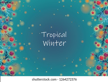 Abstract pine leaves and Christmas ball light frame on ocean blue background vector for decoration on Christmas holiday festival and summer night party.