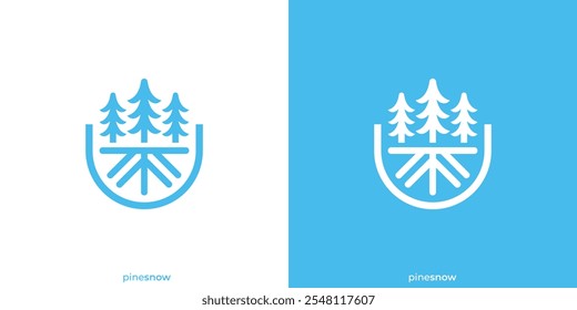 Abstract Pine Snow Logo. Pine Tree and Abstract Snow Icon Graphic as Root. Forest Logo Template.