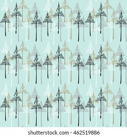 Abstract pine tree forest background. Christmas seamless pattern on blue background.