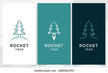 Abstract pine tree with rocket logo design, vector illustration set