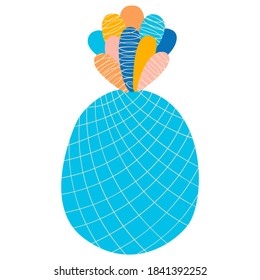 Abstract pineapple in cyan color and multicolored foliage on a white background. Isolated stylized summer fruit. Single tropical doodle for summer decor, design of menu, print, sticker, logo. Vector.