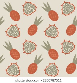 Abstract pineapple and dragon fruit wallpaper. Seamless pattern with tropical fruits. Healthy food texture.