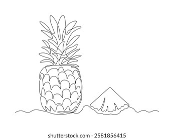 Abstract pineapple fruit and slice, ananas,  continuous single one line art hand drawing sketch logo