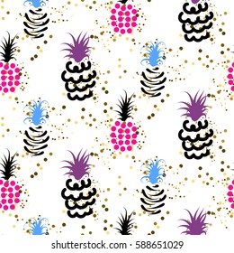 Abstract pineapple with gold glitter bright colors pattern. Glam chic ananas seamless surface texture design for wrap paper and craft projects.