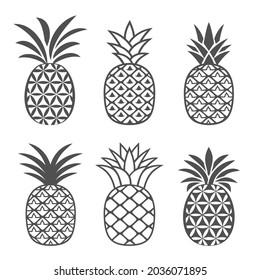 Abstract pineapple icons set in outline style. Creative, flat logo design, symbol, emblem or icon of tropical fruit in a modern abstract style. Vector illustration.