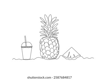 abstract pineapple juice glass with lid and straw, continuous single one line art hand drawing sketch logo 