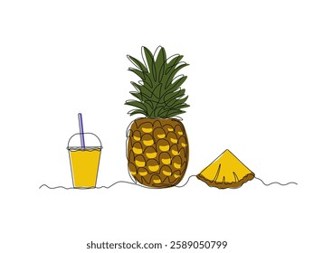 abstract pineapple juice glass with lid and straw, continuous single one line art hand drawing sketch logo 