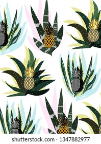 Abstract pineapple with jungle leaves on the white background