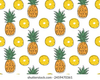 Abstract Pineapple seamless pattern. Exotic fruit in doodle style. Summer funny background. Pattern with ananas for cover, wallpaper, packaging