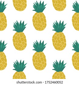Abstract pineapple seamless pattern isolated on white background. Exotic tropical fruits decorative wallpaper. Vector illustration. Design for fabric, textile print, wrapping, cover.