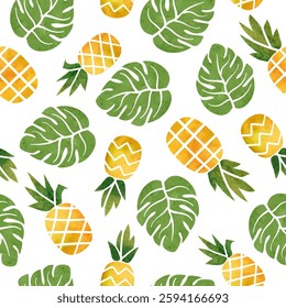 Abstract Pineapple seamless pattern. Vector print with watercolor tropical fruit and leaves