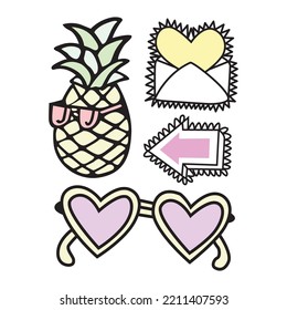 Resumen de vidrio solar de piña y otros elementos de objeto ilustraciones vectoriales aisladas en fondo blanco