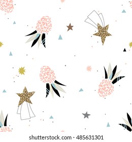 Abstract pineapple vector icon, gold stars.Hand drawn vector illustration seamless pattern.Ready for t-shirt design or party birthday invitation, wrap paper.