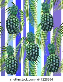 Abstract pineapples, blue striped seamless pattern, vector