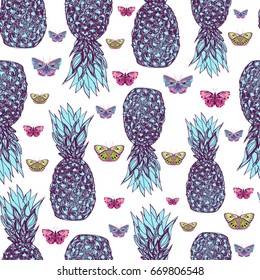 Abstract pineapples and butterflies on white background, seamless pattern, vector illustration for textile texture, paper, wrapper, fabrics, covers