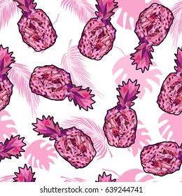 Abstract pineapples in pink leopard texture, seamless pattern, tender palm leaves, design for fashion fabrics,   vector prints for textile texture, covers, card, paper, wrapper, wallpaper