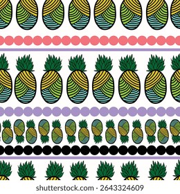 abstract pineapples with stripes colorful seamless pattern. Abstract colorful line art pineapples with colorful rounded stripes seamless pattern. It is goof for tiles, decoration, packaging and more.