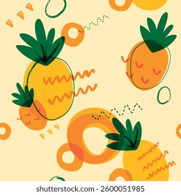 Abstract pineapples, yellow drawn in the style of children's drawing. Stylish and simple pineapples.