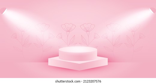 Abstract pink 3d background with an empty podium against the backdrop of floral outlines and soft lighting. Geometric scene for product presentation. Pink vector background banner.
