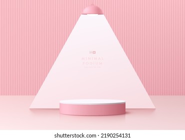 Abstract pink 3D background with realistic pink cylinder pedestal podium, Triangle shape and Hanging Lamp. Pastel minimal wall scene for mockup product display. Geometric forms design. Stage showcase.