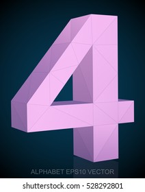 Abstract Pink 3D polygonal 4 with reflection. Low poly alphabet collection. EPS 10 vector illustration.