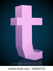 Abstract Pink 3D polygonal lowercase letter T with reflection. Low poly alphabet collection. EPS 10 vector illustration.