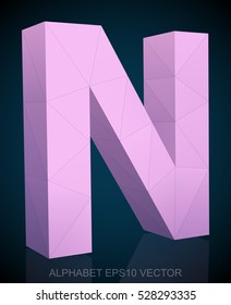 Abstract Pink 3D polygonal uppercase letter N with reflection. Low poly alphabet collection. EPS 10 vector illustration.