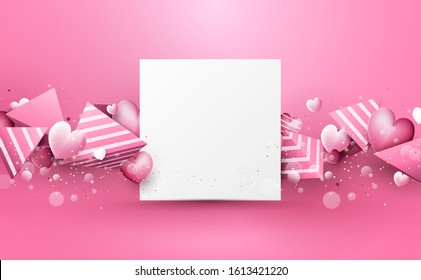 Abstract pink 3d polygons and hearts rough stripes, white square shape frame. Happy Valentines Day