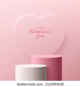 Abstract pink 3D room with realistic cylinder stand or podium set on heart shape background. Valentine day minimal scene for product display presentation. Vector geometric rendering platform design.
