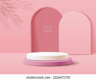 Abstract pink 3D room with realistic pink and white cylinder pedestal podium. podium for mockup products, showcase stage, promotion display. Vector illustration