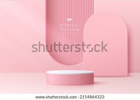 Abstract pink 3D room with realistic pink and white cylinder pedestal podium, Vertical texture in arch shape. Pastel minimal scene for mockup product display. Geometric forms design. Stage showcase.