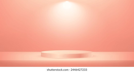 Abstract pink 3D room with set of realistic pink cylinder pedestal podium. Template mock up for display of product. Business backdrop. Stage for showcase. Vector illustration.