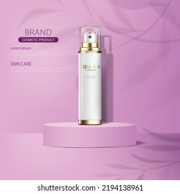abstract pink 3D room with white color cosmetic spray bottle design template.with leaves shadows,use for cosmetic advertising.