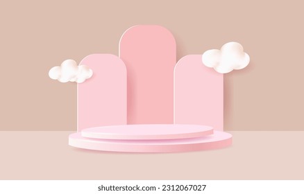 Resumen Espacio 3D rosado con podio peatonal cilíndrico rosado y nubes renderizado realista, textura vertical en forma curva. Pasta mínima escena para la presentación del producto. Diseño de forma geométrica. 