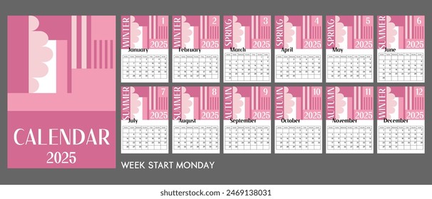 Abstract pink A4 calendar 2025 with trendy geometric elements and seasonal details.Cover and 12 monthly pages. Week starts on Monday, A3 A2 A6 formats. Cute girly business calendar. Isolated on gray.