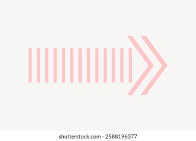 Abstract pink arrow design with striped pattern. Pink arrow pointing right. Minimalist pink arrow art. Modern pink arrow graphic on light background. Isolated vector element.