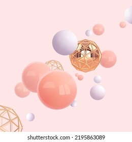 Abstract pink background with 3d realistic pink, golden and white balls. Vector illustration