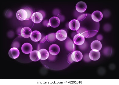 Abstract pink background. Blurred pink bokeh effect on dark background consist of glowing defocused circles and rounded transparent shapes. 