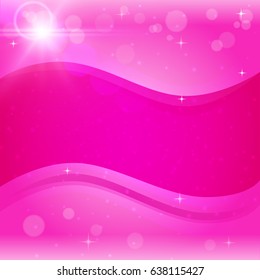 Abstract pink background with bokeh and shadows. Tender girlish banner or flyer with waves. Sunshine lens flare. Glowing light rays, bokeh and sparkles beam. Sun flash with solar spotlight effect.